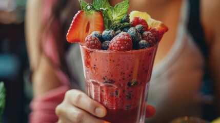 A woman enjoying a cold berry smoothie, full of fresh strawberries, blueberries, and raspberries, garnished with a mint leaf