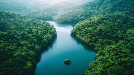 An aerial drone shot of a mountain river flowing through a lush forest