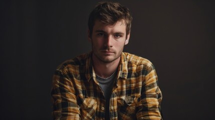 Obraz premium A close-up portrait of a young man with a thoughtful expression on his face.