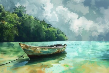 Traditional fishing boat anchored in serene tropical lagoon, simple living, idyllic scene, digital painting