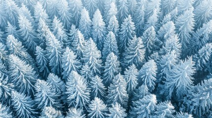 An aerial panorama of a pine forest covered in snow