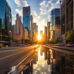 A wide road in the middle of a city with tall buildings on both sides and a puddle of water in the foreground reflecting the sky and buildings - obrazy, fototapety, plakaty
