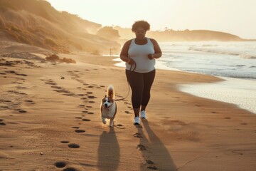 a plus-size African American woman jogging on the beach with her dog.