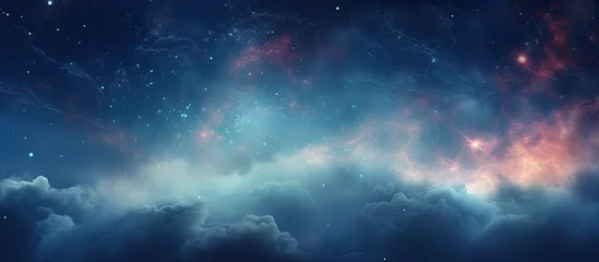 Poster An electric blue galaxy shines in the night sky, with fluffy cumulus clouds and millions of stars decorating the horizon. A mesmerizing art in the dusk landscape of space © TheWaterMeloonProjec