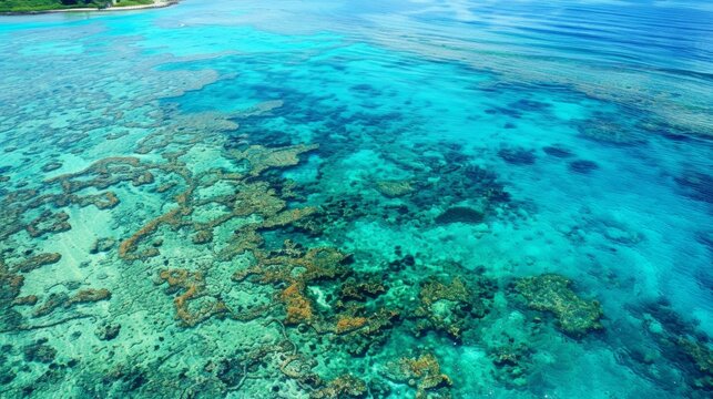 An aerial view of a coral reef just off the coast, with crystal-clear waters