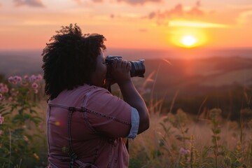 Photographer capturing the sunset in a field with a camera.