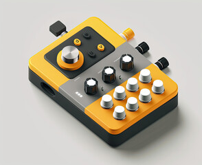 A guitar pedal design in isometric render with rounded shapes and buttons Product photography featuring a yellow, grey, orange and white color palette A simple, sleek and modern design