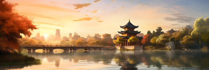 Magical Sunset Over the Ancient Asian Pagoda: A Fusion of Architecture and Nature's Splendor - obrazy, fototapety, plakaty