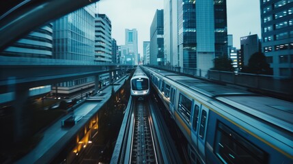 Urban train passing through cityscape, suitable for transportation concepts