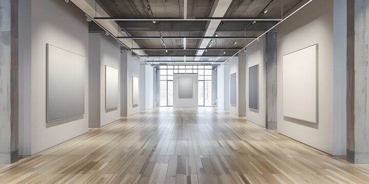 Modern art displayed on gallery walls with hardwood floors in a contemporary art gallery setting. Concept Contemporary Art Gallery, Modern Art Display, Gallery Walls, Hardwood Floors, Art Exhibition