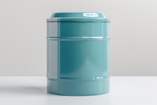 Blue trash can sitting on top of a white table, suitable for office or home use
