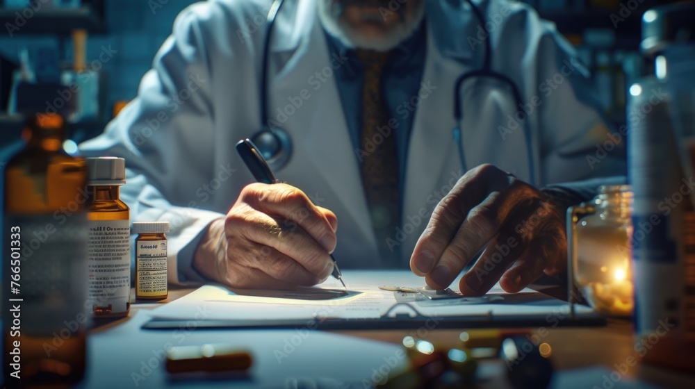 Poster a man in a lab coat writing on a piece of paper. suitable for scientific or educational concepts