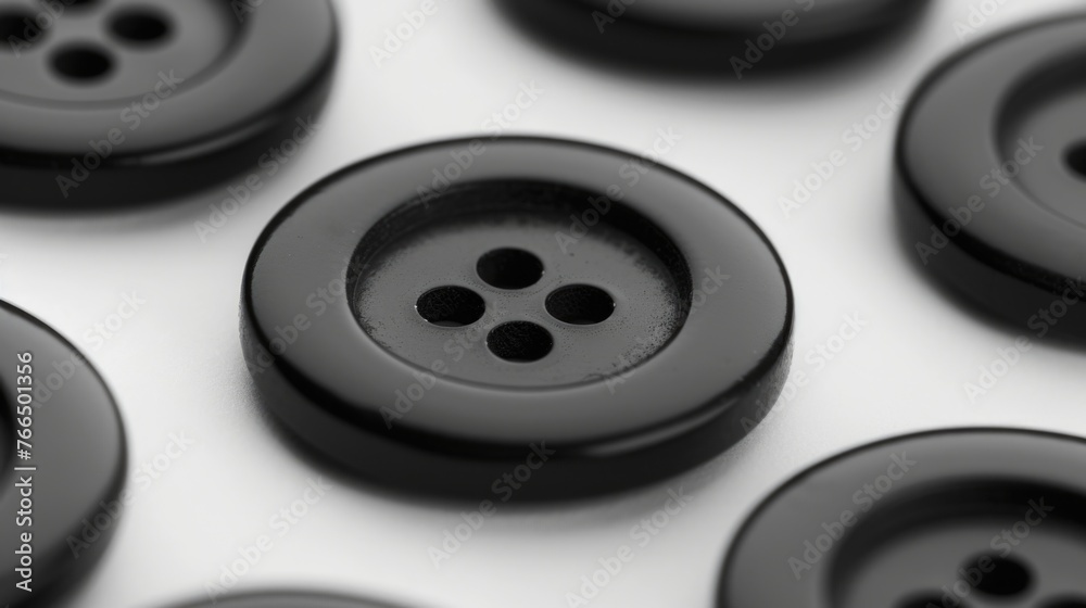 Poster a collection of black buttons on a clean white background. suitable for fashion or crafting projects
