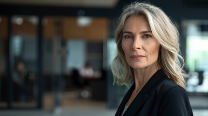 A portrait of a middle-aged businesswoman in an office environment