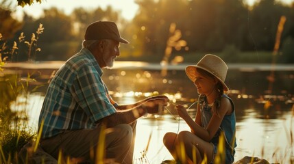 Grandfather patiently helps his granddaughter untangle her fishing line with the sun shining brightly overhead - obrazy, fototapety, plakaty