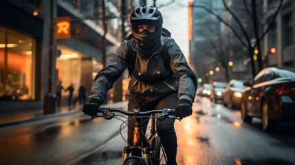 Cyclist riding in the rain on a city street with cars and pedestrians