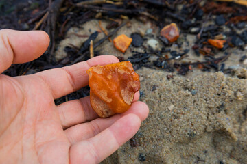 Beautiful pieces of amber in your hand. A glowing wavy piece of amber on your palm. The sunstone.