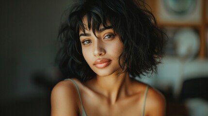 Fototapeta premium Portrait of a young mixed-race woman with brown eyes and dark hair