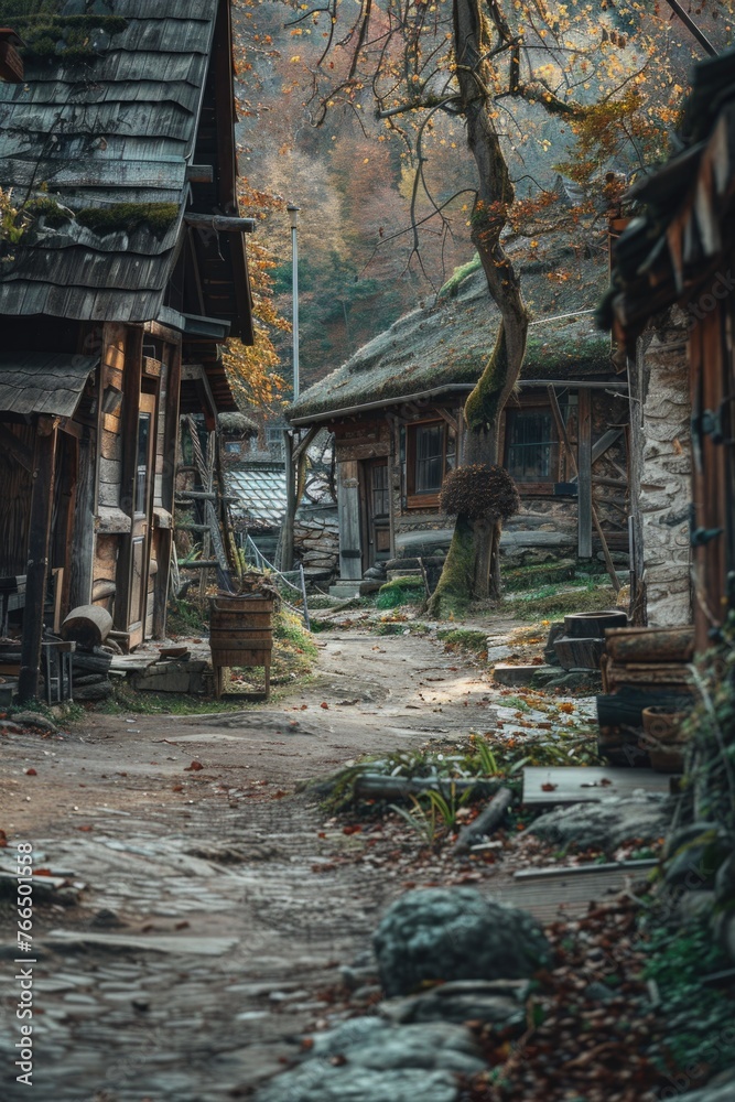 Aufkleber a dirt path between two buildings with a tree in the background. suitable for urban or nature themes