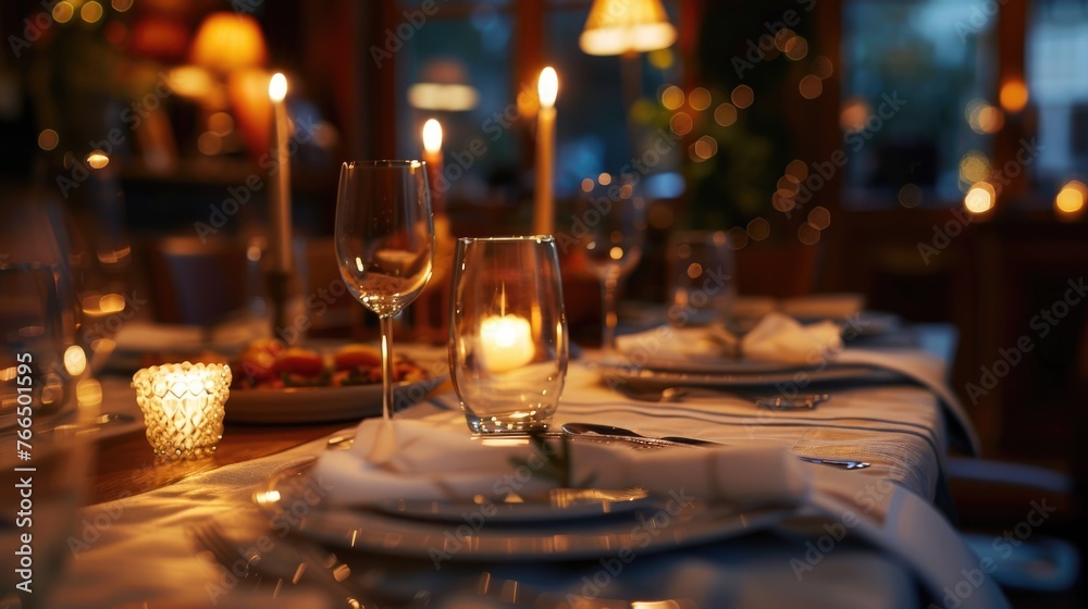 Poster A beautifully set table with candles for a fancy dinner event