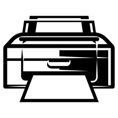 Printer icon with sheet of paper coming out. Vector monochrome illustration.