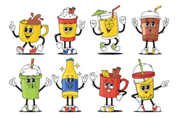 Cartoon Groovy Cups And Bottle. Collection Of Animated, Smiling Drink Characters, Each Exuding Its Unique Personality