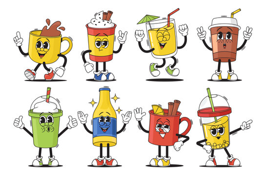 Cartoon Groovy Cups And Bottle. Collection Of Animated, Smiling Drink Characters, Each Exuding Its Unique Personality