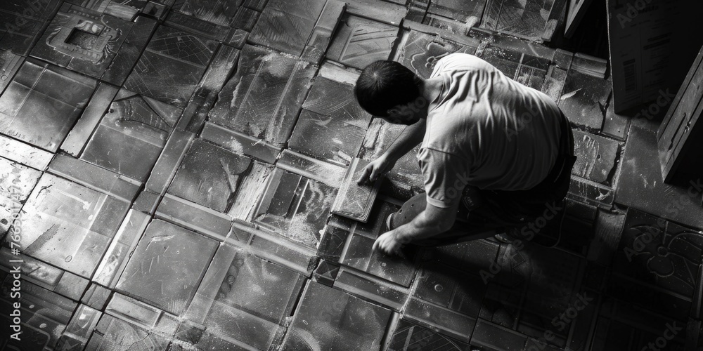 Poster a black and white photo of a man on a tiled floor. suitable for various design projects