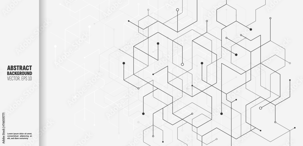 Poster Tech background. Network connect line pattern elements. White hexagons and squares. Geometric mesh. Polygons and dots. Chemical molecule structure. Graphic shape. Vector abstract banner
