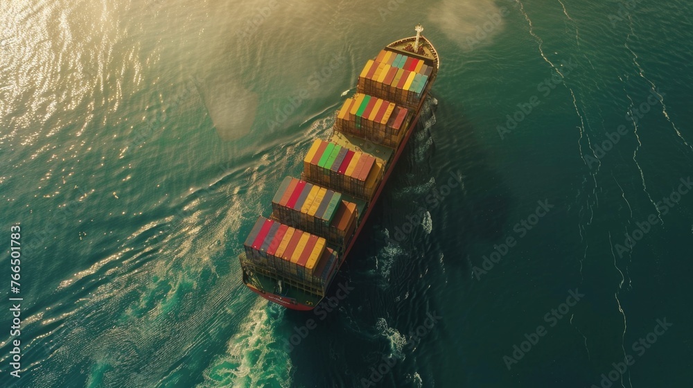 Poster A large container ship navigating through the open waters. Suitable for transportation and shipping concepts