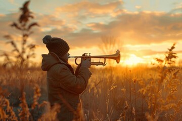 A man playing a trumpet in a field at sunset. Ideal for music or outdoor themes