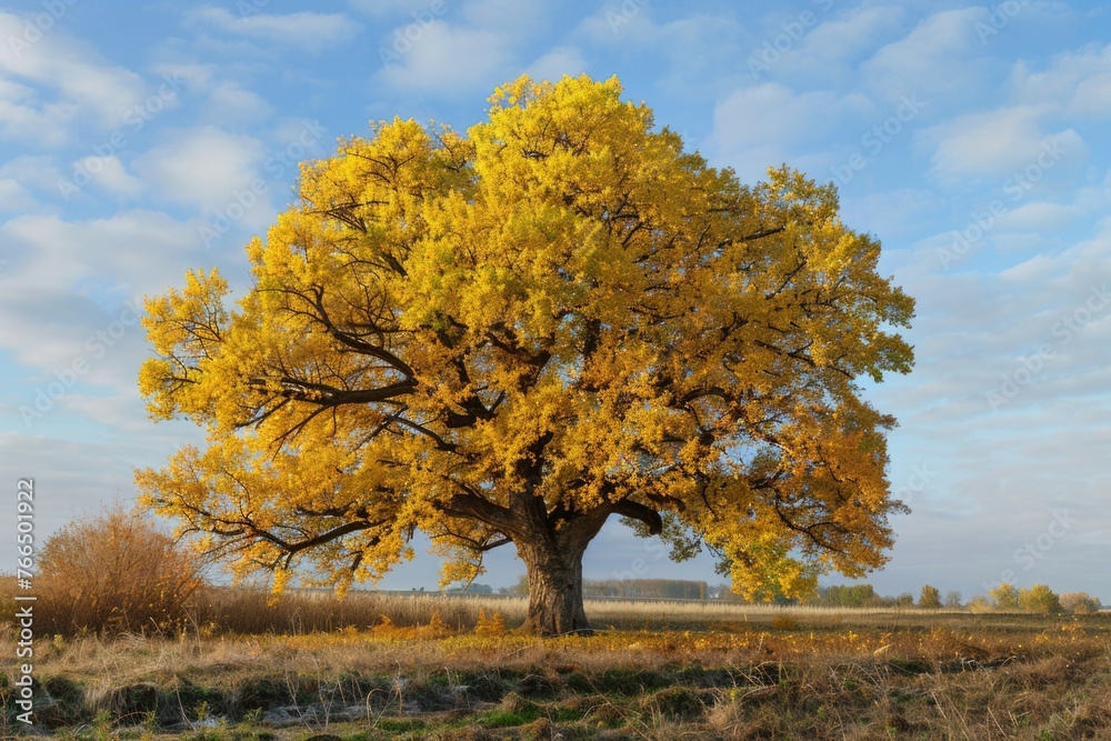 Poster a solitary tree standing in a field with a clear blue sky in the background. suitable for nature or 