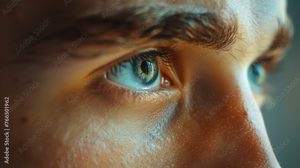 Poster close-up of a person's eye with a cell phone in hand. perfect for technology and communication conce