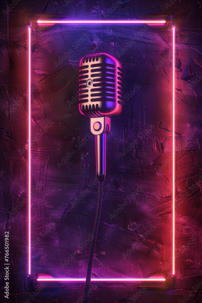 Poster A microphone with a neon frame, perfect for music and entertainment concepts