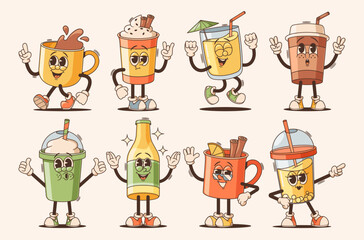 Cartoon Groovy Cups And Bottle Vibrant Characters. Unique, Playful Personages Embody Fun And Encourage Hydration