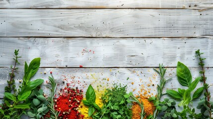 Spices and herbs lie on old wooden boards - obrazy, fototapety, plakaty