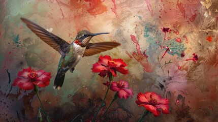 A beautiful painting of a hummingbird flying with red flowers. Perfect for nature lovers and garden enthusiasts