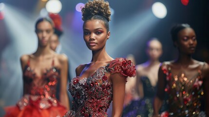 A wealthy fashion designer showcasing their latest collection at a glamorous runway show,  with models strutting down the catwalk in couture creations - obrazy, fototapety, plakaty