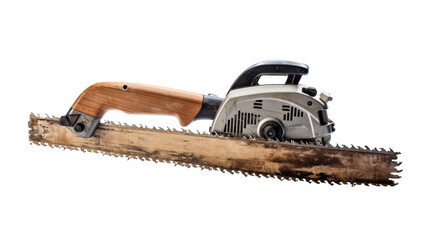 A chainsaw with a rustic wooden handle rests on a clean white background - obrazy, fototapety, plakaty