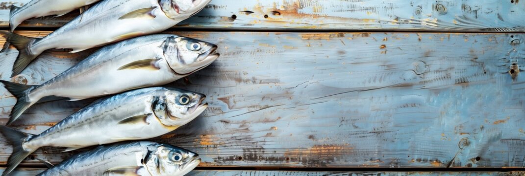 some freshly caught fish lie on rustic wooden boards