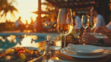 A wealthy CEO hosting a lavish corporate retreat at a luxurious resort,  with team-building activities and gourmet dining experiences