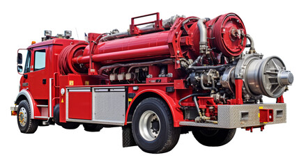 A vibrant red fire truck with a red hose attached to the back, ready for action