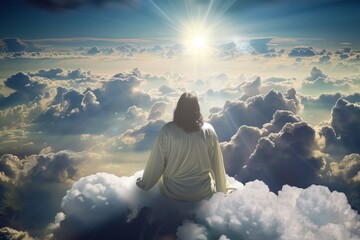 Jesus looking from the clouds above down to the world - obrazy, fototapety, plakaty