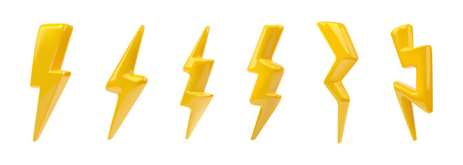 3D lightning. Electric thunder bolt power. Electricity energy. Render flash or fast light. Weather element. Fast battery charging. Yellow thunderbolt shapes. Vector cartoon icons set