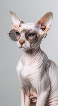 A Sphynx cat wearing round glasses poses elegantly
