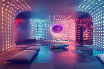 A high-tech meditation room glows with dynamic, colored light patterns for an immersive experience - obrazy, fototapety, plakaty