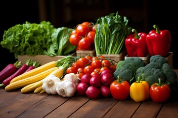 A variety of fresh vegetables are arranged on a wooden table.