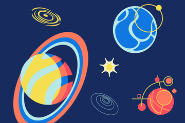 Futuristic astronaut banner. Astronomy science. Galaxy planets. Satellites or stars. Universe exploration. Space travel. Cosmic asteroids. Interstellar journey. Vector simple background