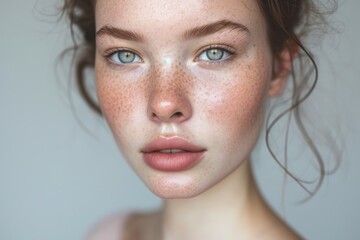 Close-up portrait of a beautiful young woman with freckles - obrazy, fototapety, plakaty