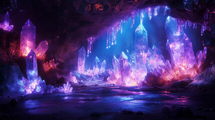Fantasy Worlds. Crystal Caverns. A cavern filled with crystals and light - obrazy, fototapety, plakaty